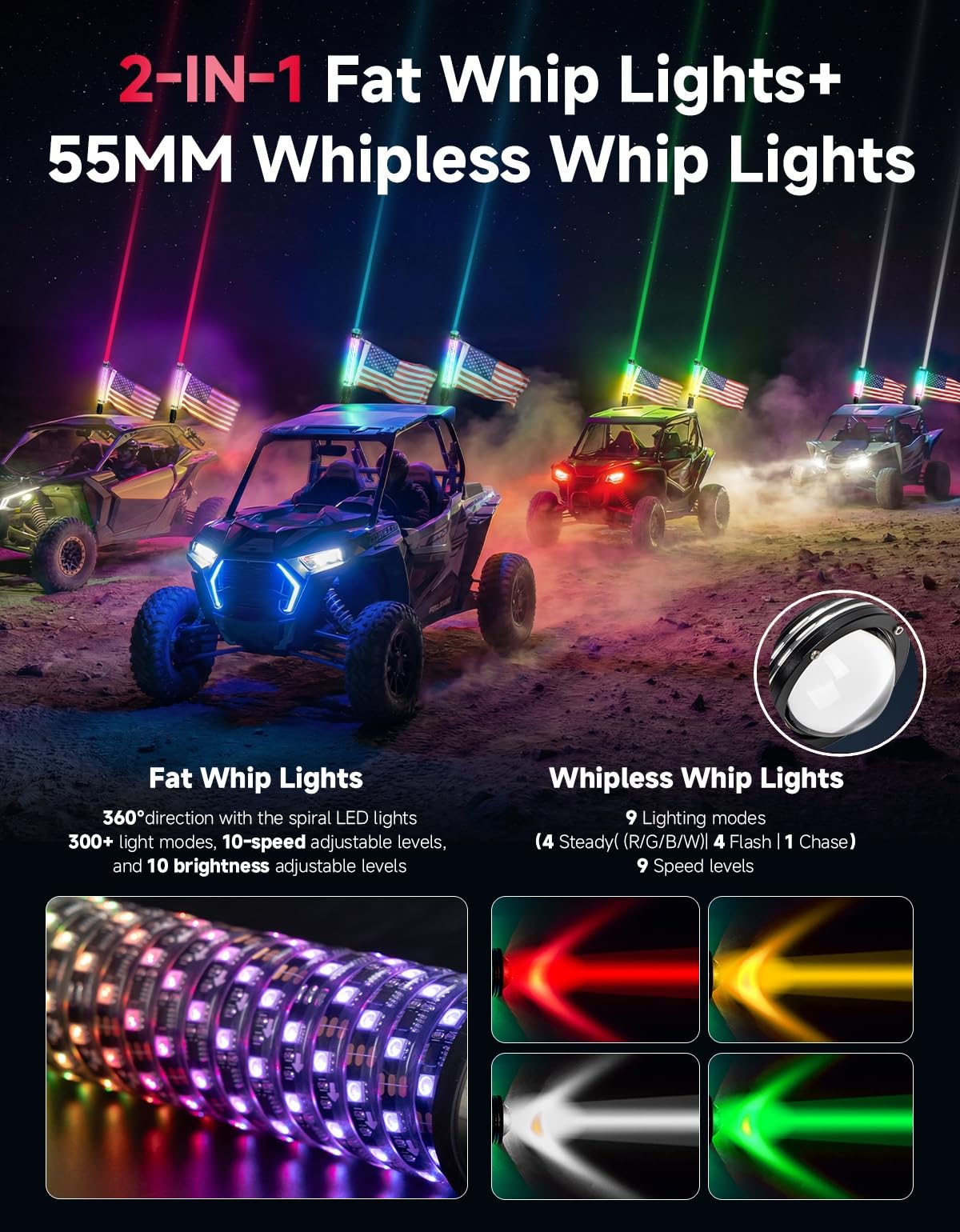 KEMIMOTO close-up of fat whip LED array showing vivid modes and brightness control