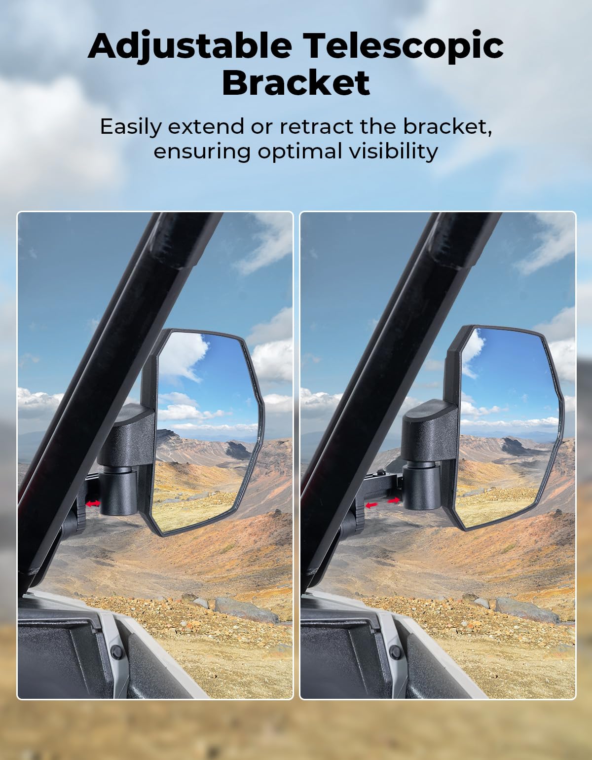 KEMIMOTO close-up of mirror surface highlighting large reflective area for better sightlines