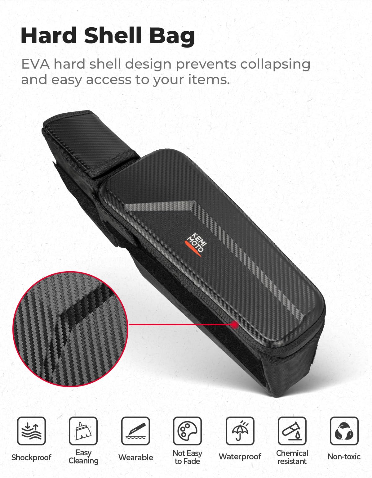 KEMIMOTO bag shown with phone and wallet to illustrate 2L capacity
