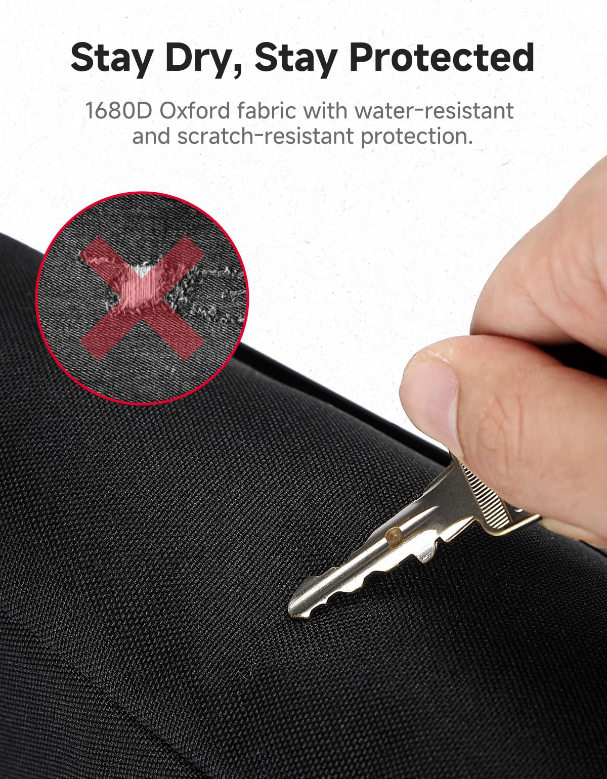 KEMIMOTO water-resistant zipper detail protecting contents from splashes