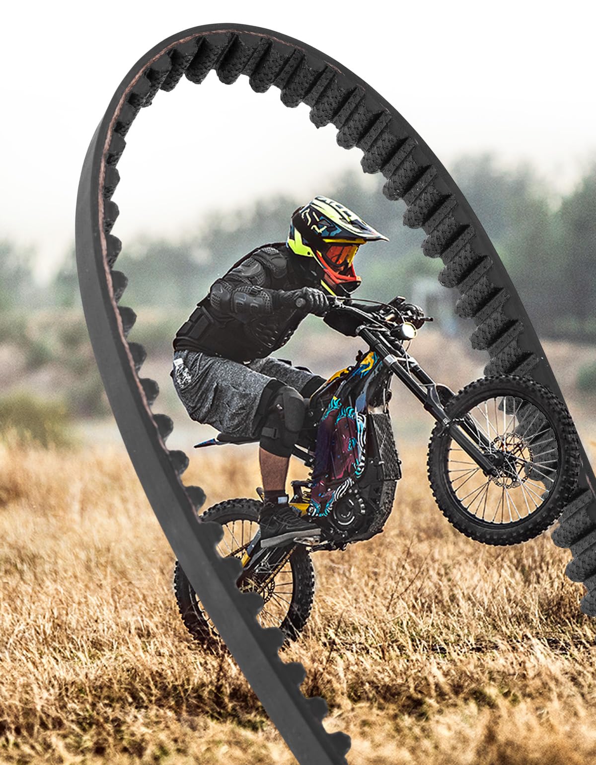 KEMIMOTO rider on trail using belt for high-torque performance