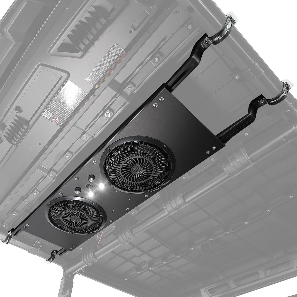 KEMIMOTO front view of dual roof fan showing compact profile and strong airflow