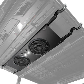 KEMIMOTO front view of dual roof fan showing compact profile and strong airflow