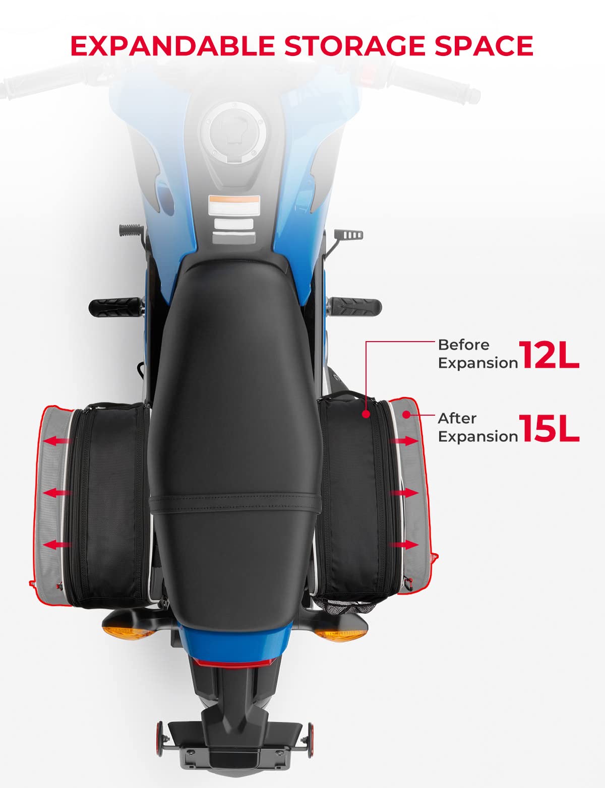 KEMIMOTO expanded side volume demonstrating extra 15L capacity per bag