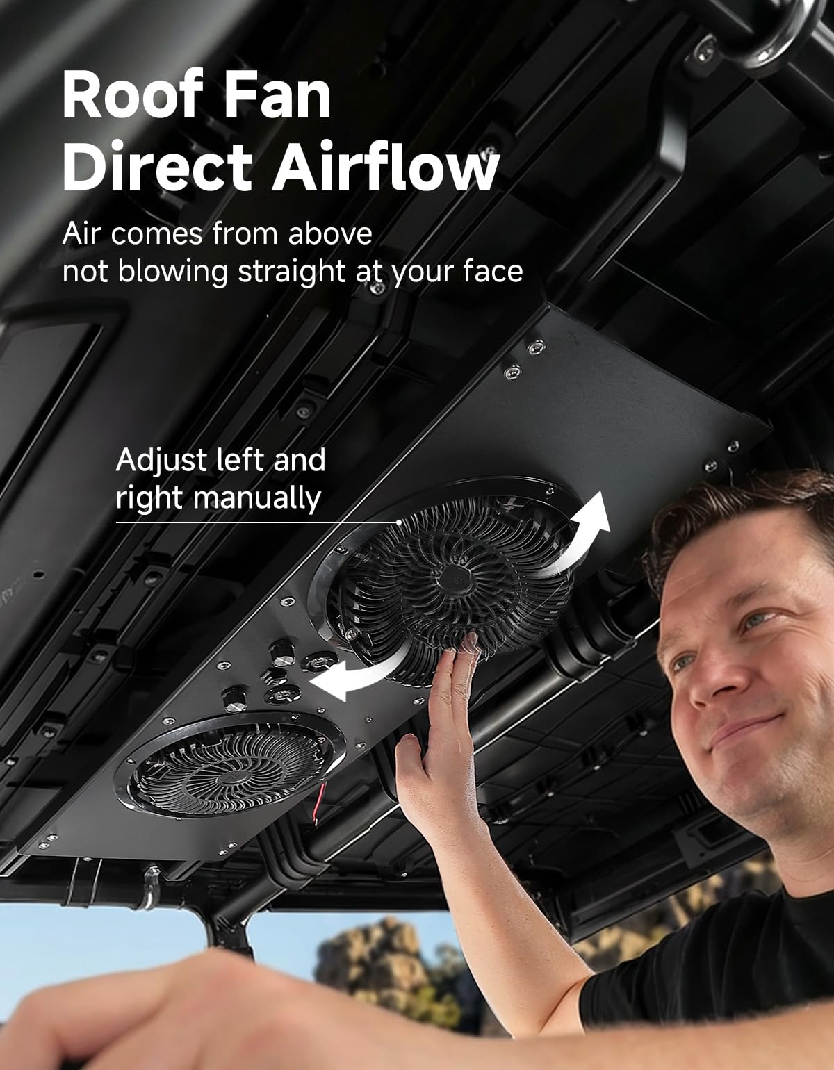 KEMIMOTO fan installed under UTV roof directing air to driver and passenger