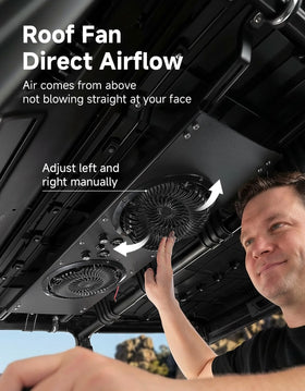 KEMIMOTO fan installed under UTV roof directing air to driver and passenger