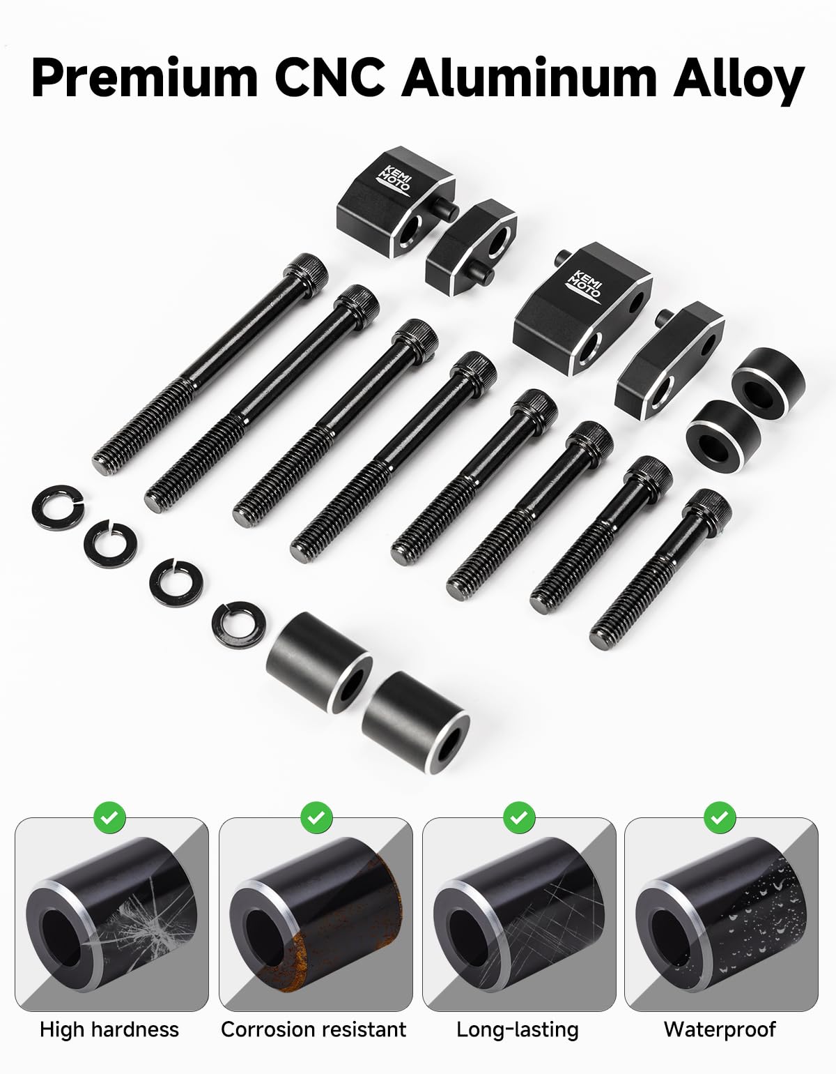 KEMIMOTO included bolts and hardware laid out for simple bolt-on installation