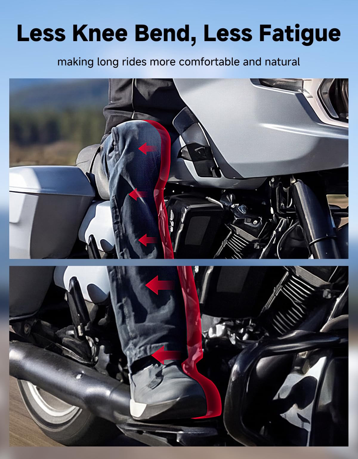 KEMIMOTO mounted on Touring motorcycle showing improved legroom and comfort benefit