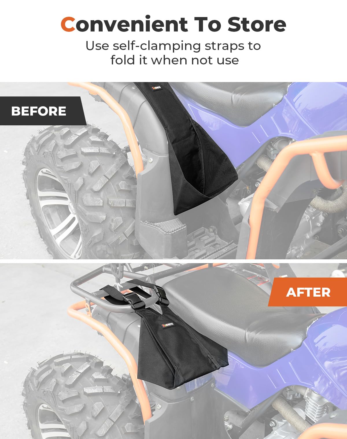 KEMIMOTO folded foot pegs tucked under rear rack demonstrating compact, out-of-the-way storage