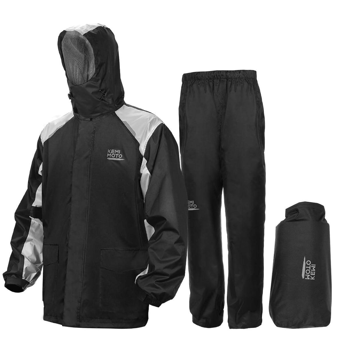 KEMIMOTO front jacket view showing waterproof protection and reflective strips