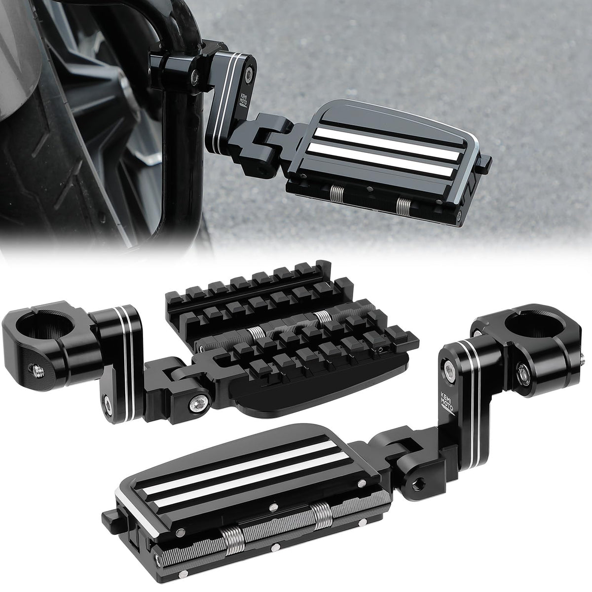 KEMIMOTO front mounted pegs showing wider resting surface benefit