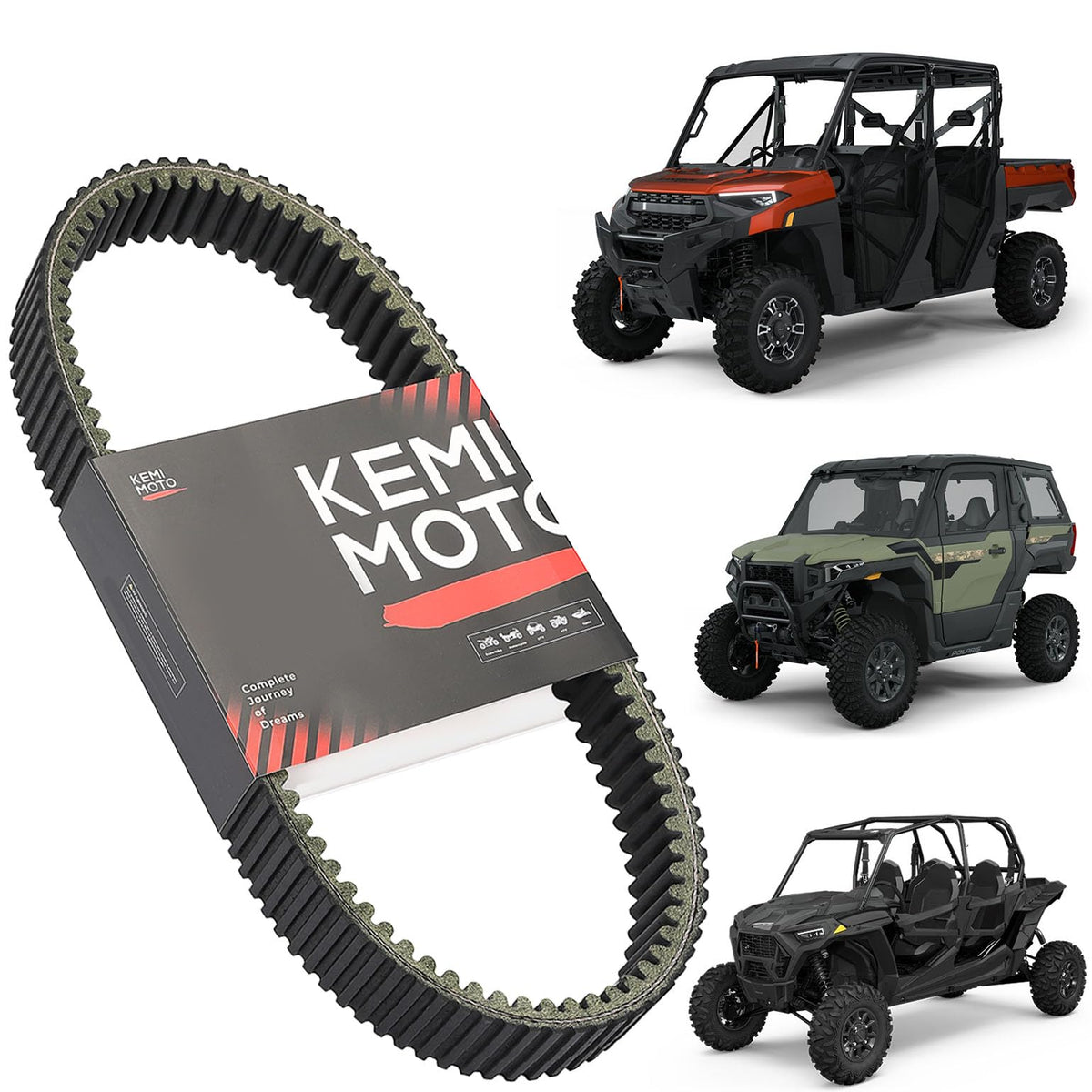 KEMIMOTO front view of packaged drive belt showing ready-to-install fitment benefit
