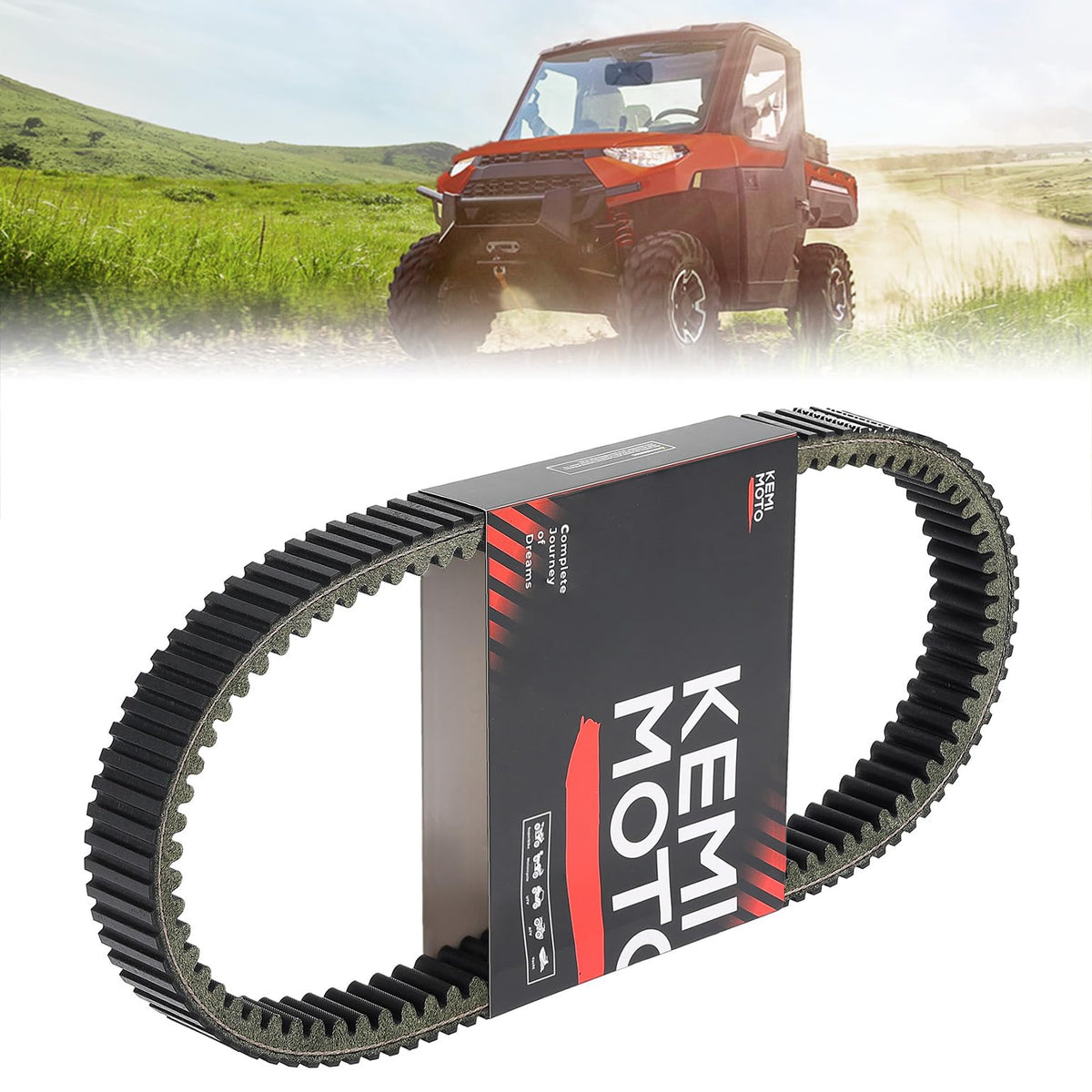 KEMIMOTO front view of replacement belt showing label and fitment guidance for quick identification