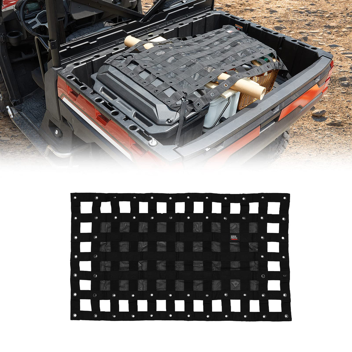 KEMIMOTO front view showing full cargo net protecting load