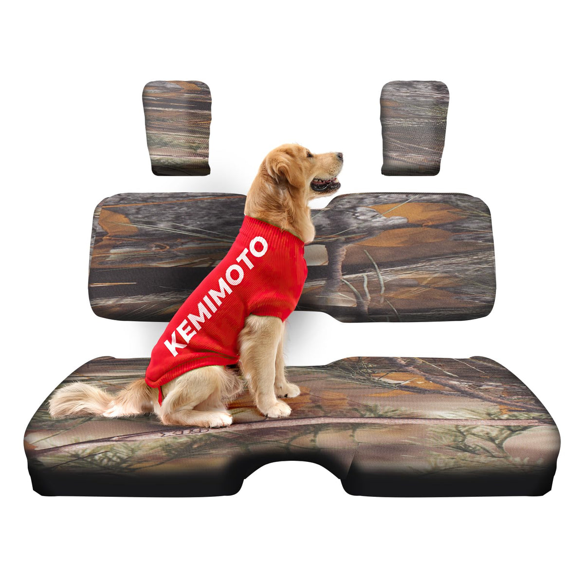 KEMIMOTO front camo seat cover installed showing rugged protection