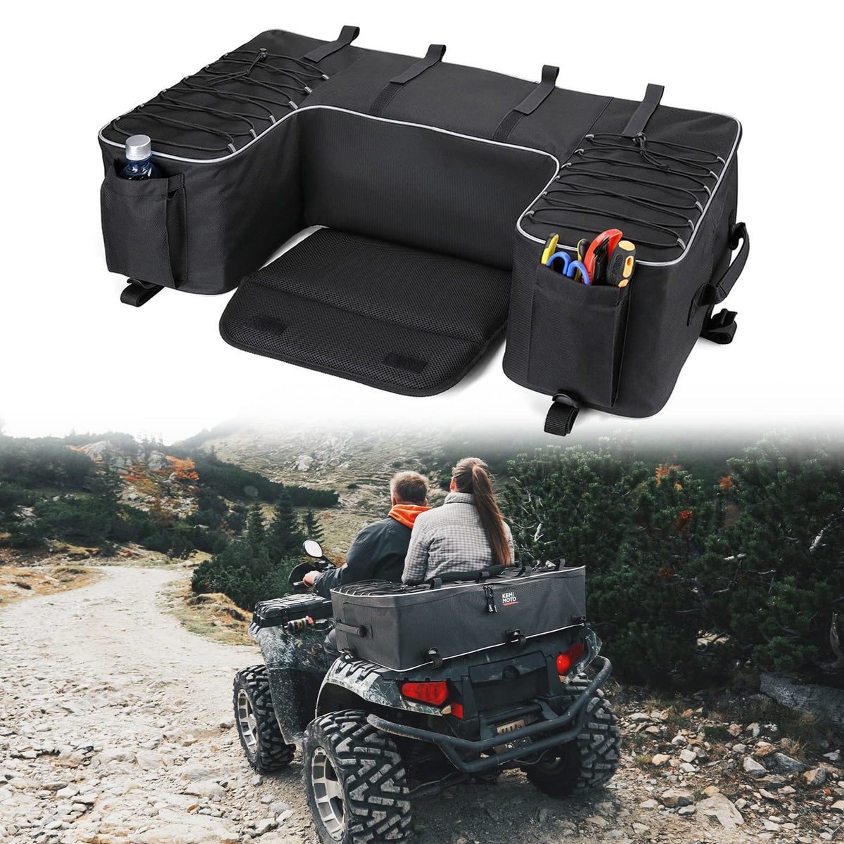 KEMIMOTO front view of rear seat bag showing organized storage and durable build
