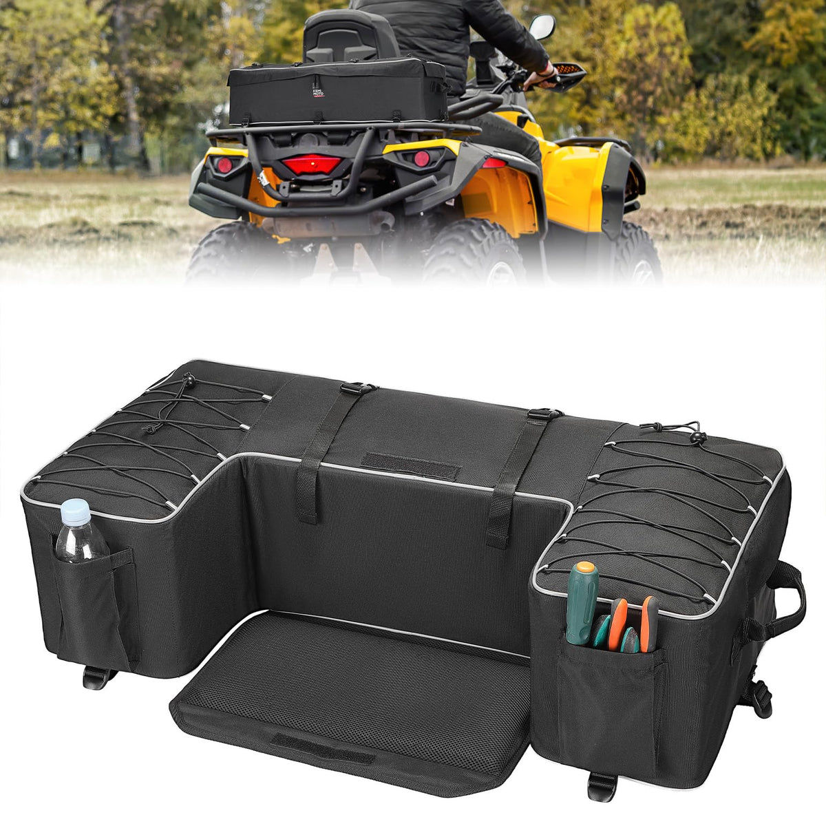 KEMIMOTO front view of rear seat bag showing durable storage and secure fit