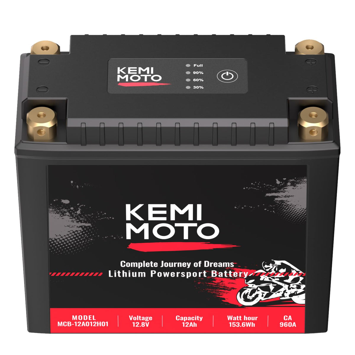KEMIMOTO front view of battery showing compact, durable design for easy replacement