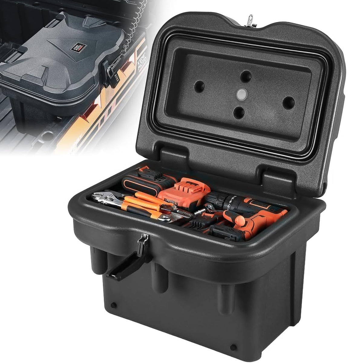 KEMIMOTO front view of mounted bed box showing secure fit and durability
