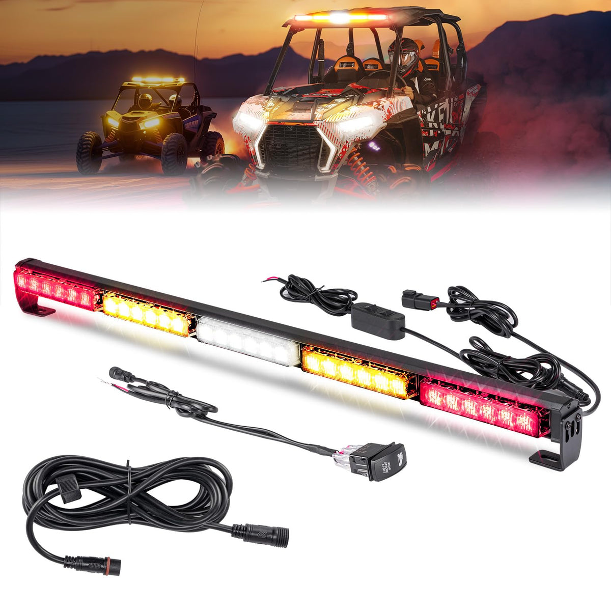 KEMIMOTO front view of chase light bar showing full LED array and visibility benefit