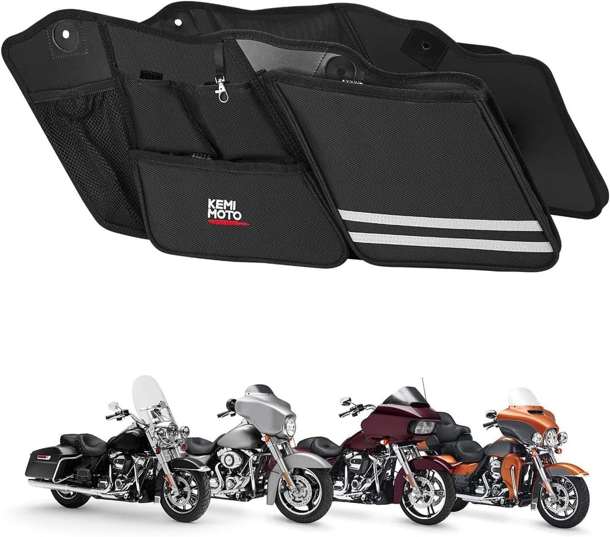 KEMIMOTO front view of installed saddle bag organizers shows neat storage benefit