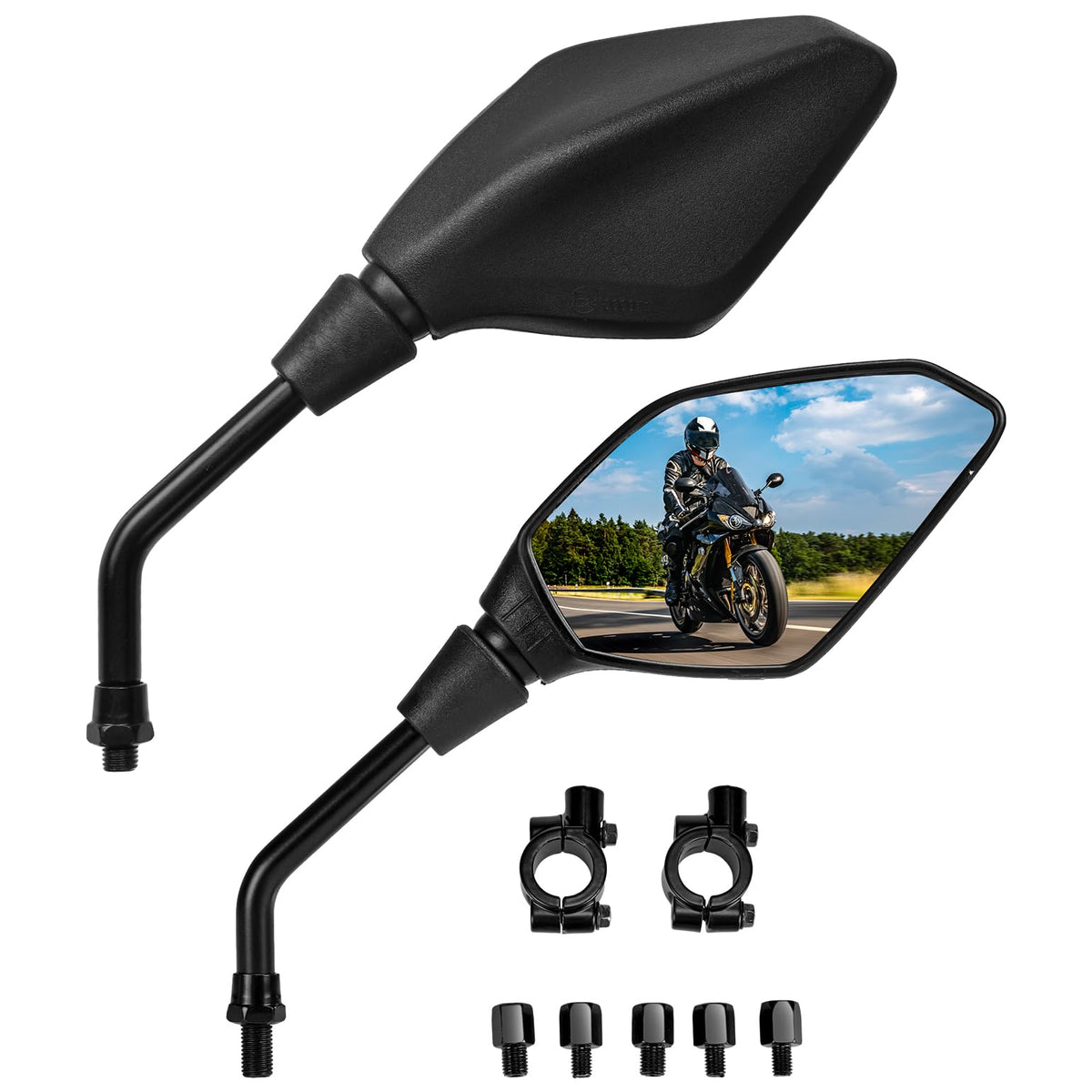 KEMIMOTO front view of mounted mirror showing wide rear visibility benefit