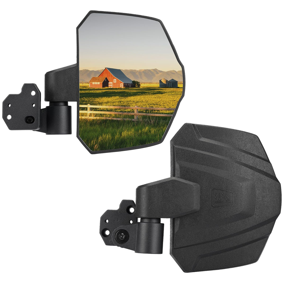 KEMIMOTO front-mounted mirror on Defender showing improved rear visibility