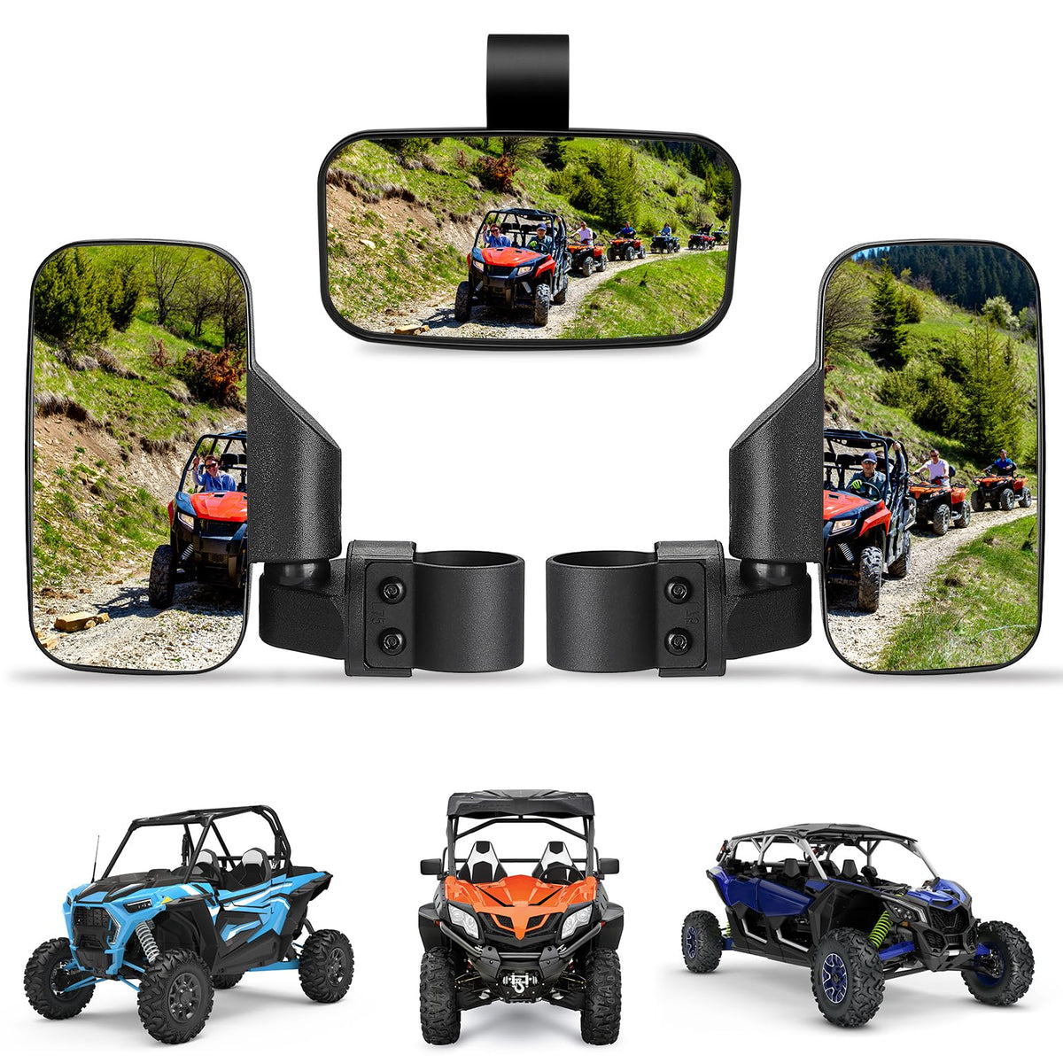 KEMIMOTO front view of mirrors mounted on roll cage showing improved visibility