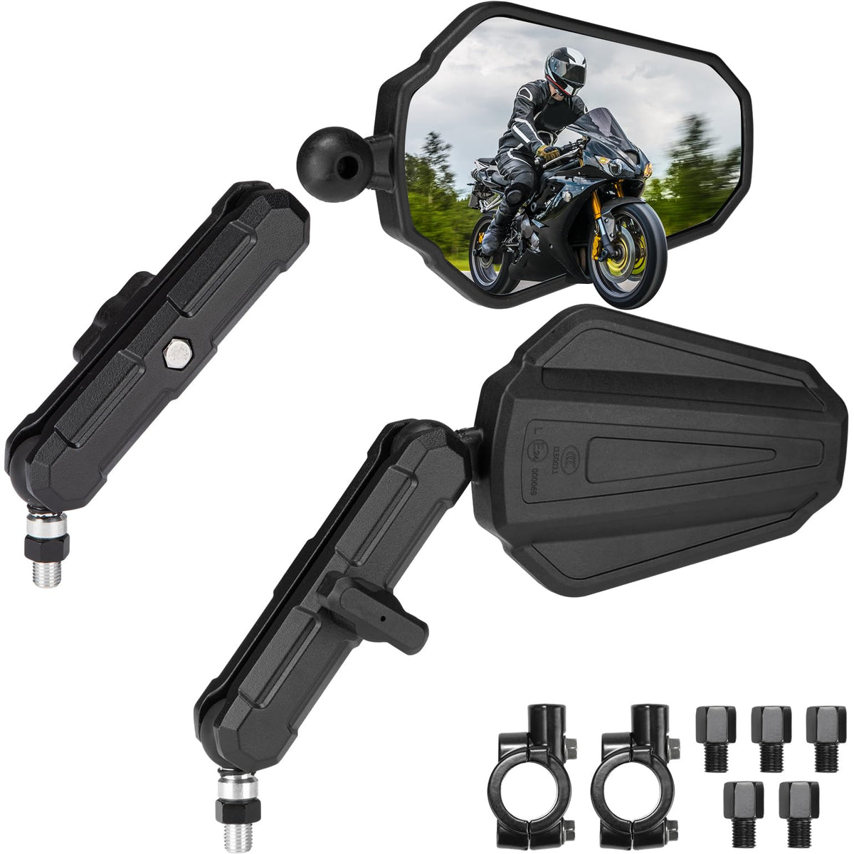 KEMIMOTO front view packaging showing durable mirror set and mounting hardware