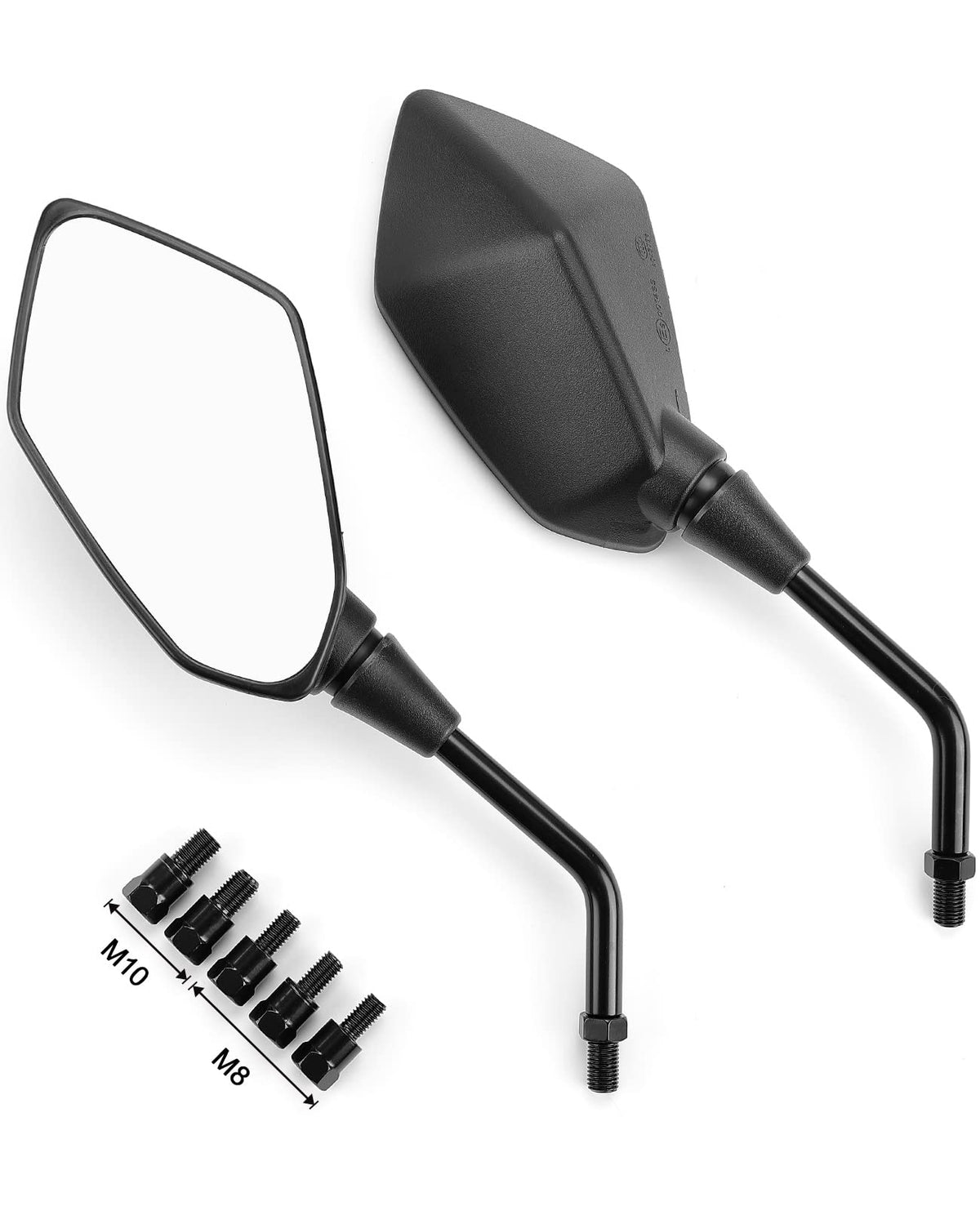 KEMIMOTO front view of mirror package showing sleek black finish and universal fit benefit