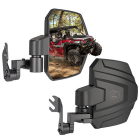 KEMIMOTO front view of A-pillar mirror showing robust housing and clear visibility benefit