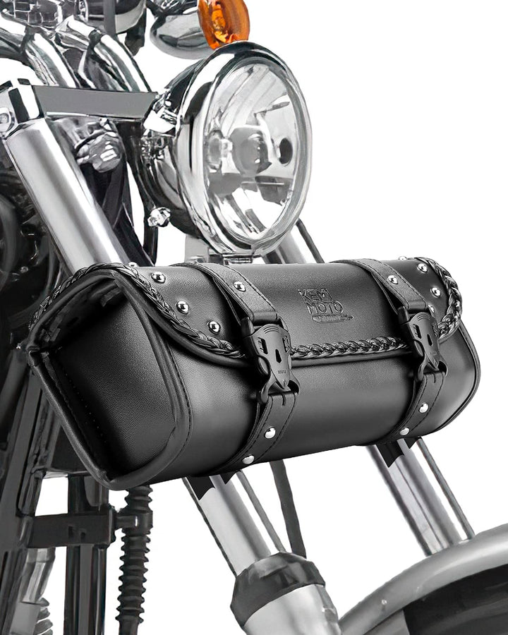 KEMIMOTO front view of PU leather fork bag showing compact profile and protection
