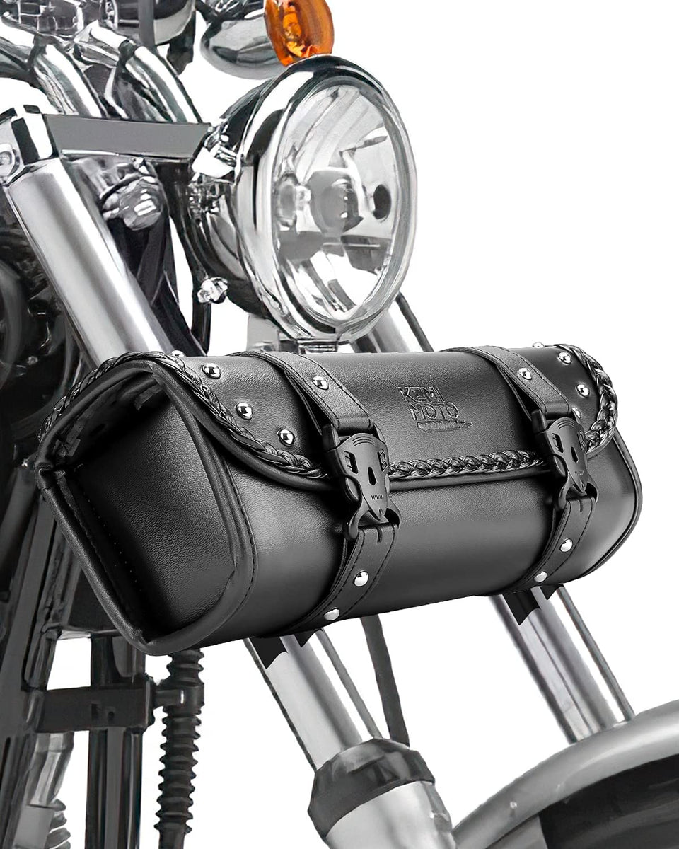 KEMIMOTO front view of PU leather fork bag showing compact profile and protection