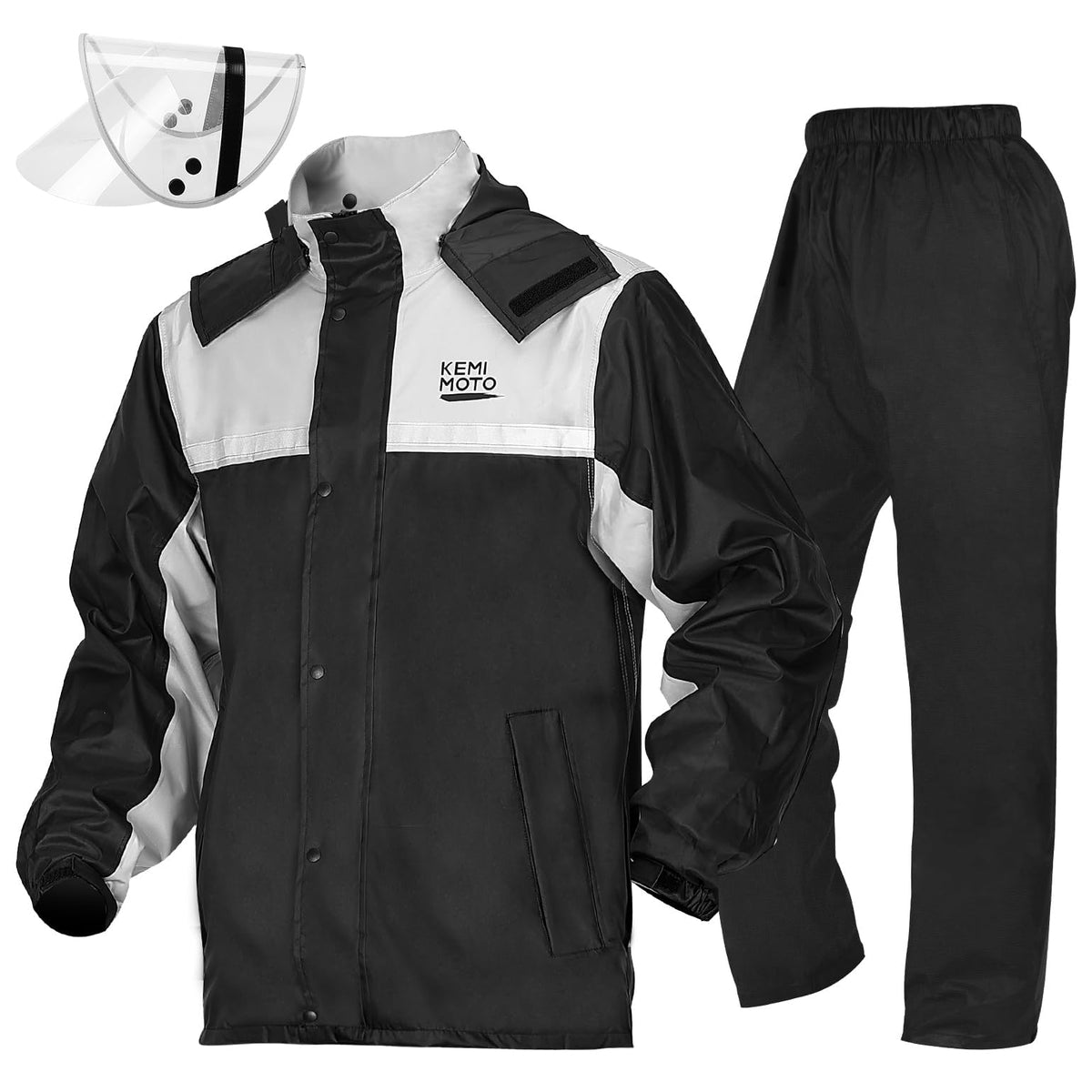 KEMIMOTO front view of rain suit showing full coverage and zip closure for dry rides