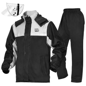 KEMIMOTO front view of rain suit showing full coverage and zip closure for dry rides