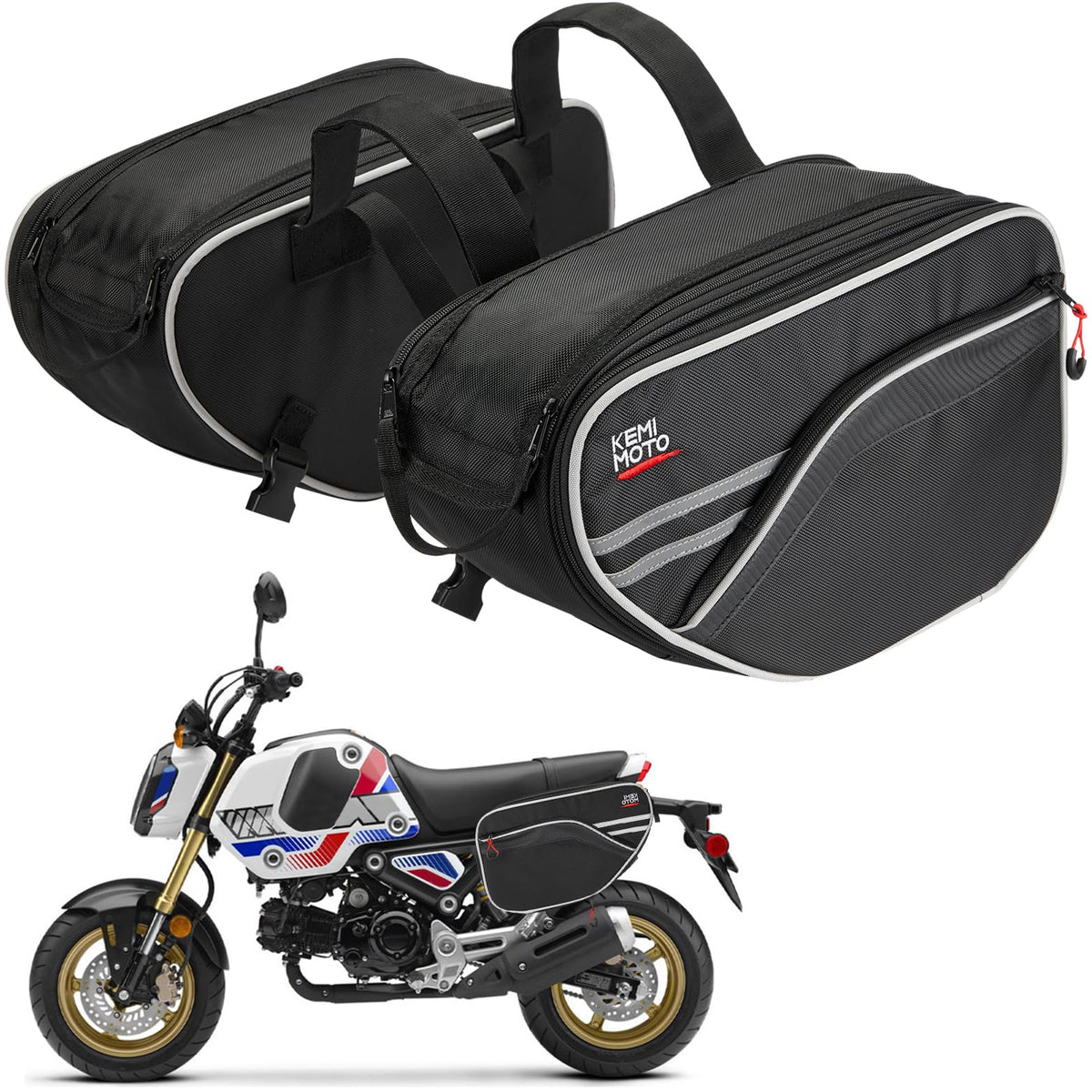 KEMIMOTO front view of saddlebags showing compact profile and easy access