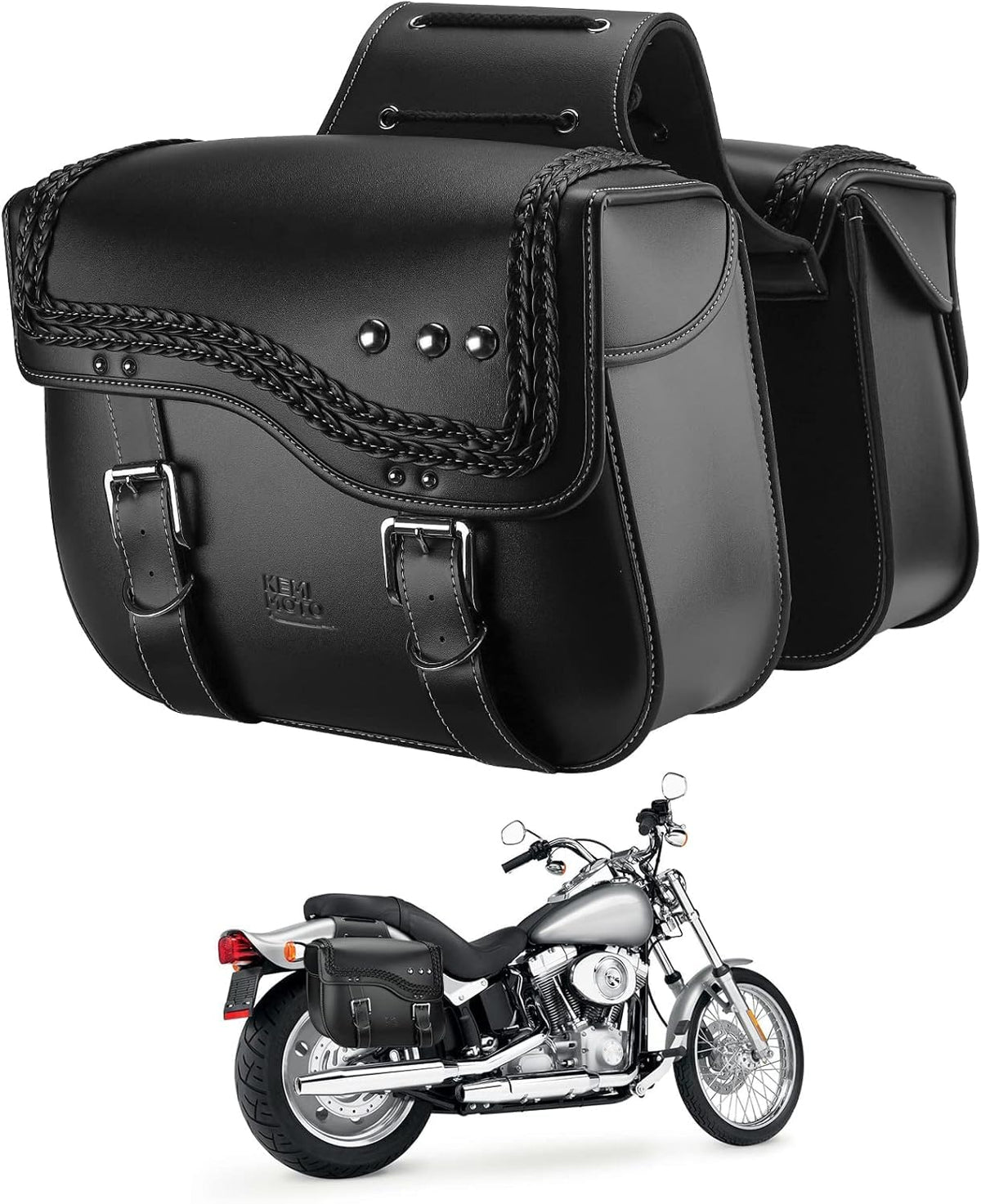 KEMIMOTO front view of saddlebags showing balanced storage and classic style