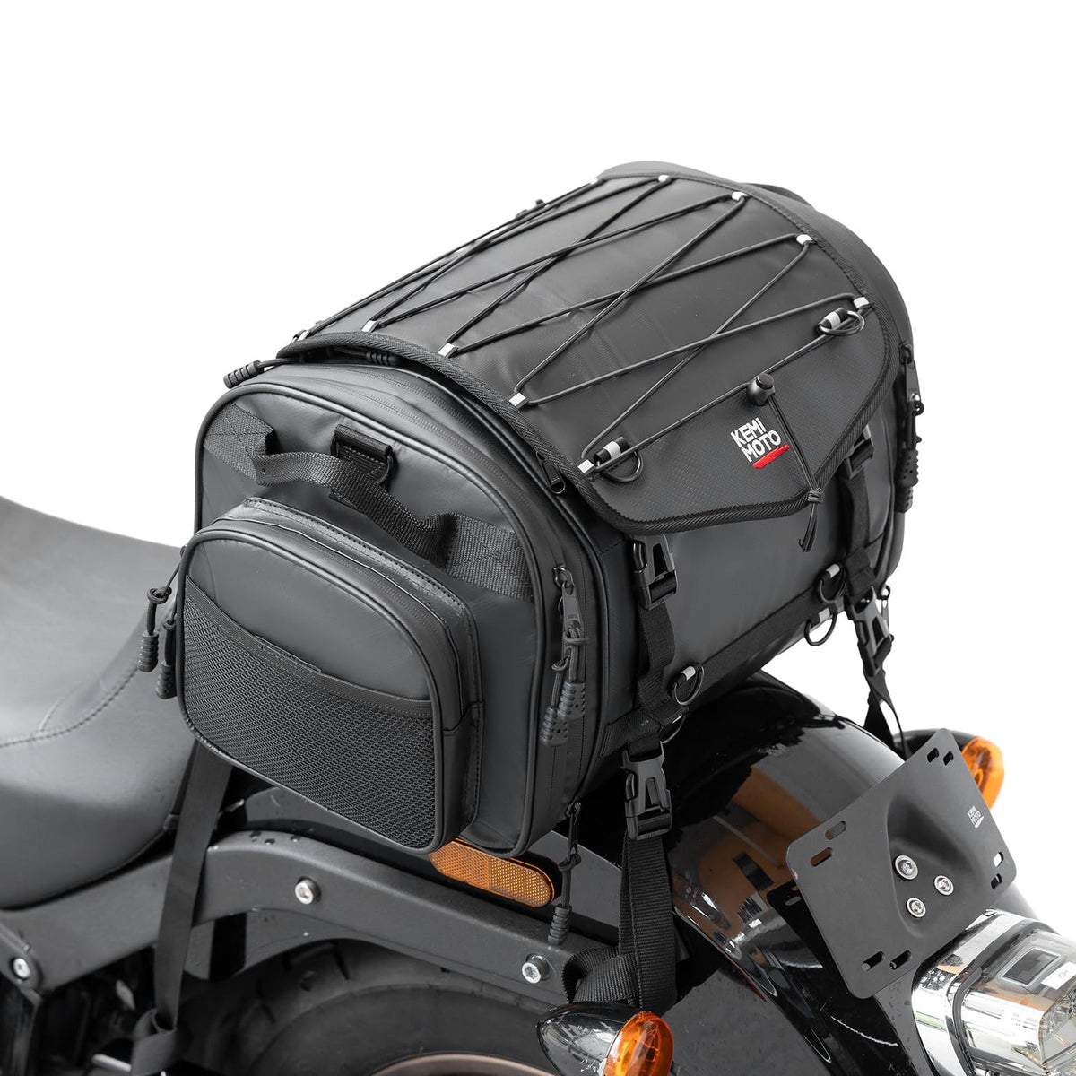 KEMIMOTO front view of tail bag showing compact storage and secure straps for travel