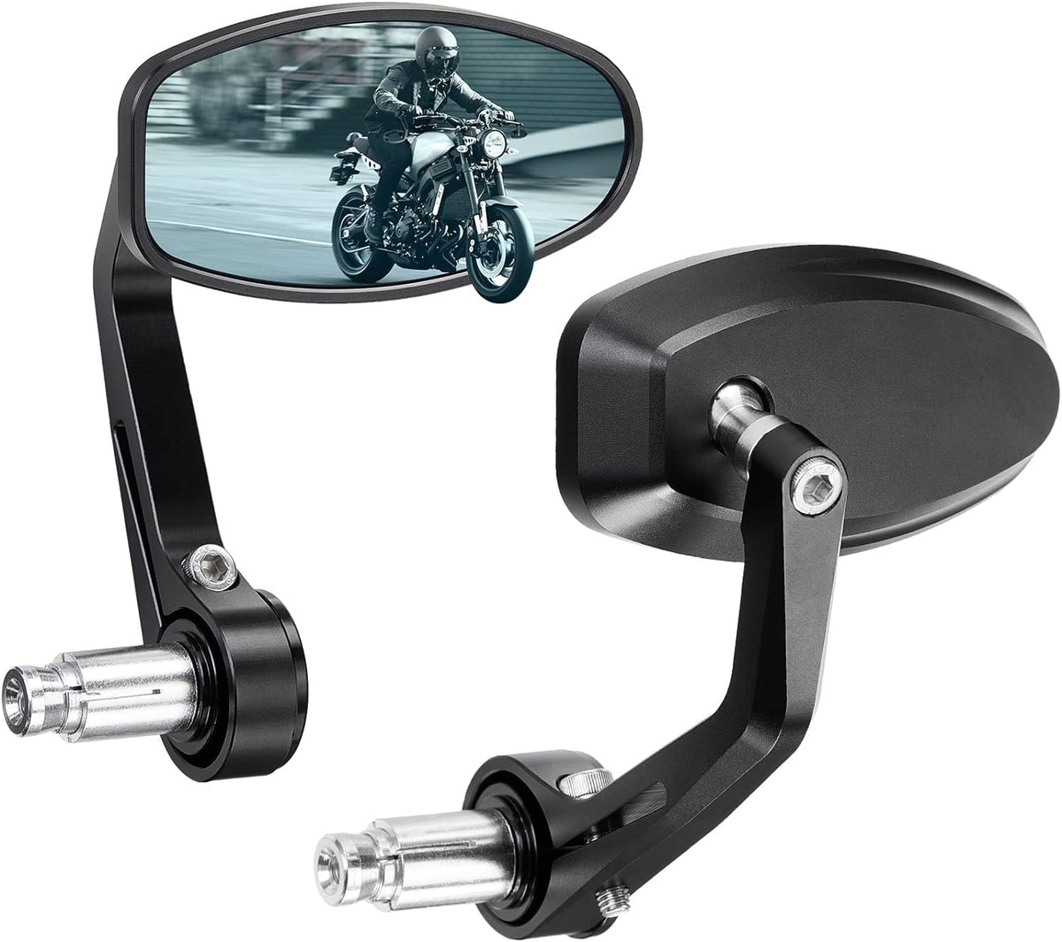 KEMIMOTO front view of bar end mirror showing compact design and improved rear view