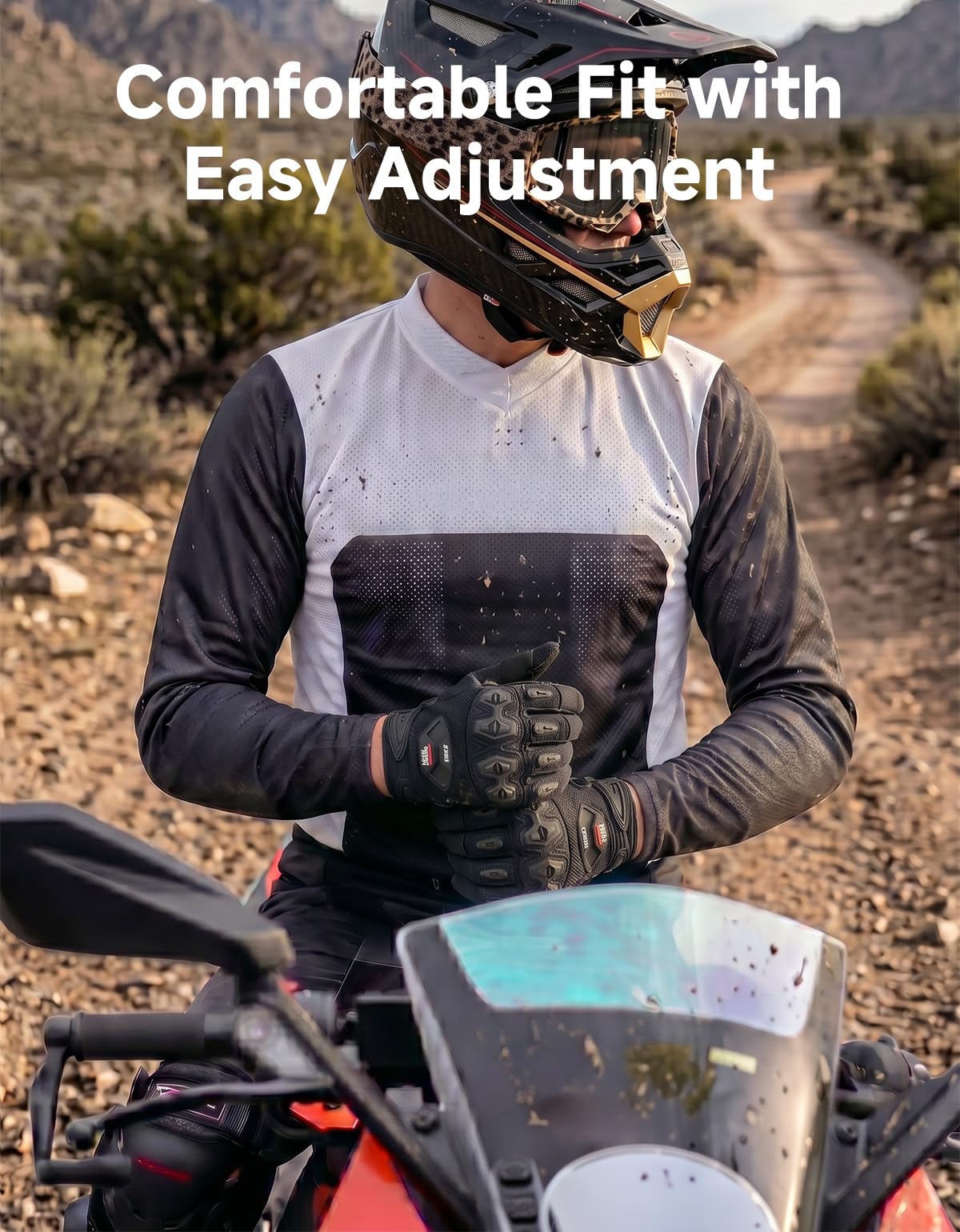KEMIMOTO gloves worn on motorcycle demonstrating confident control