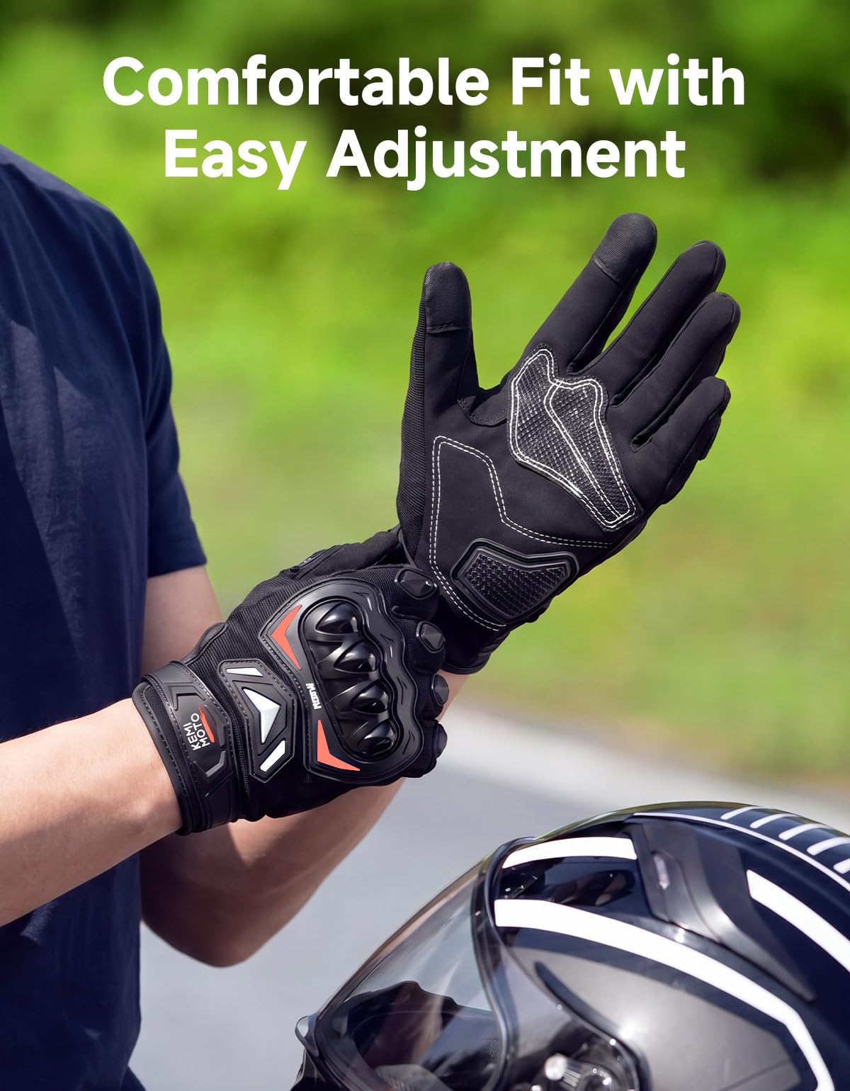 KEMIMOTO gloves worn during ride showing improved control and comfort