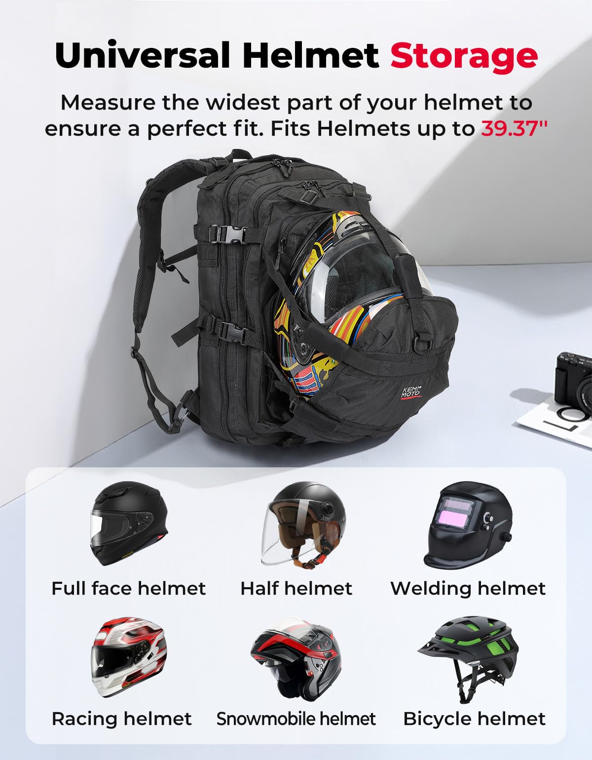 KEMIMOTO helmet compartment open with full-face helmet secured for protection