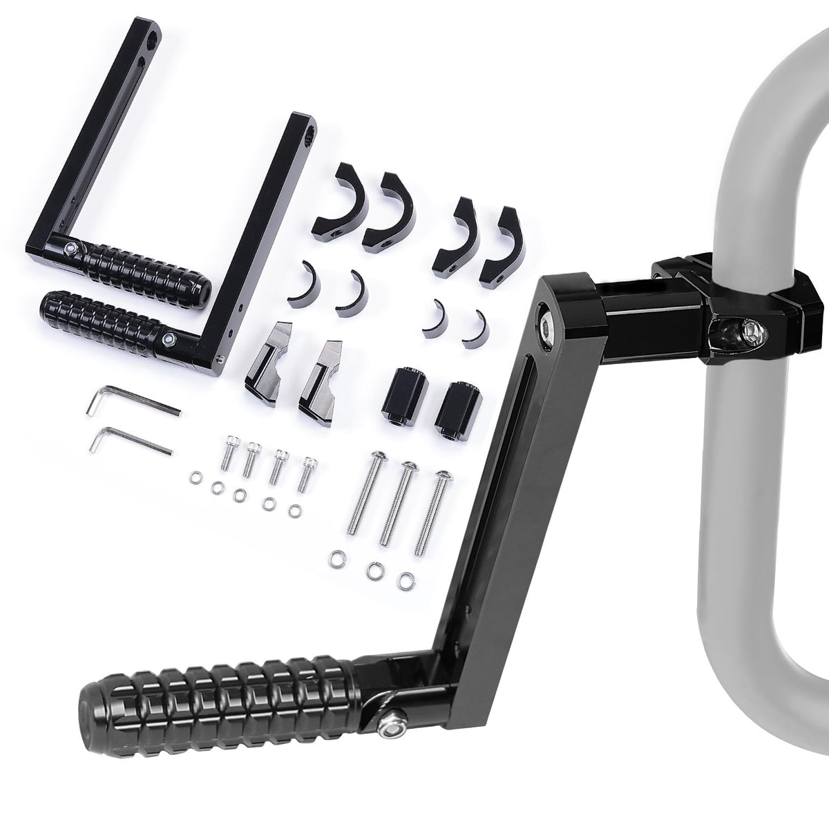 KEMIMOTO front view of highway foot peg showing fit and sturdy build for comfort