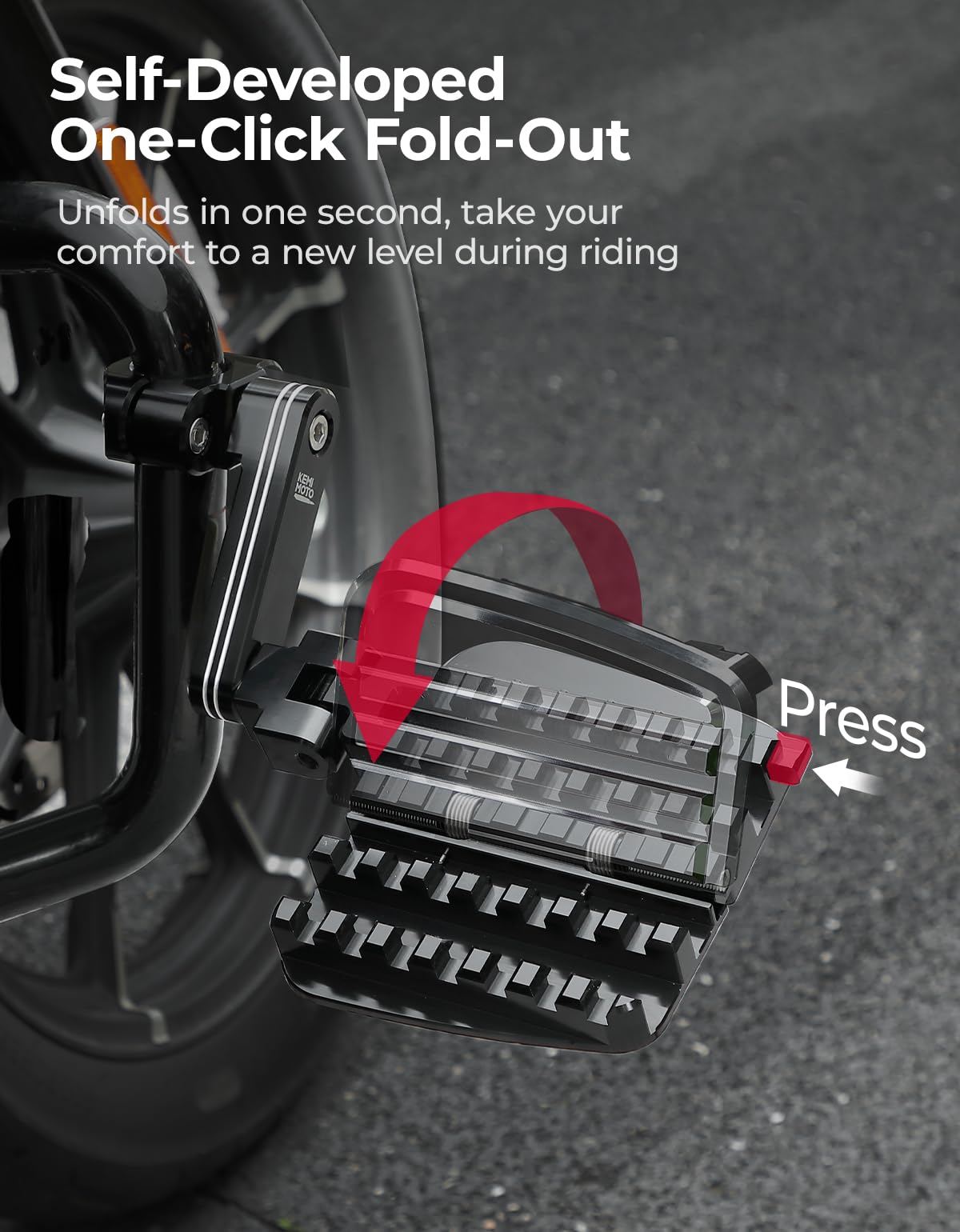 KEMIMOTO expandable heel rest deployed to increase foot engagement area and reduce pressure on long rides