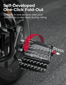 KEMIMOTO expandable heel rest deployed to increase foot engagement area and reduce pressure on long rides