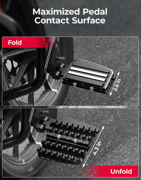 KEMIMOTO highway pegs folded against crash bar showing compact stowed position for urban use