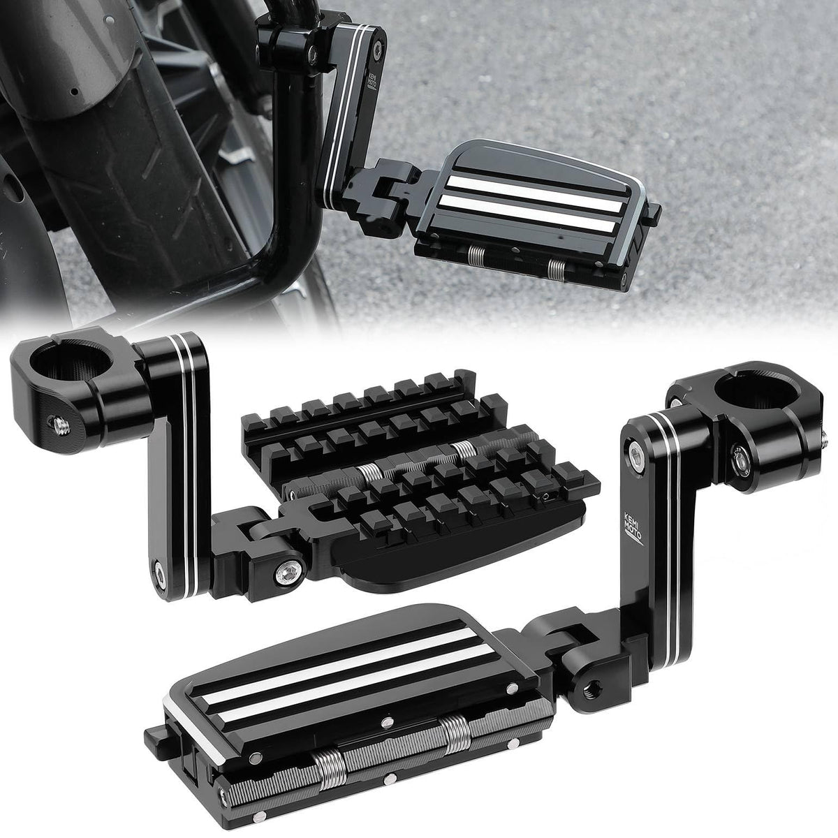 KEMIMOTO front view of highway pegs showing long angled profile and durable finish for improved comfort