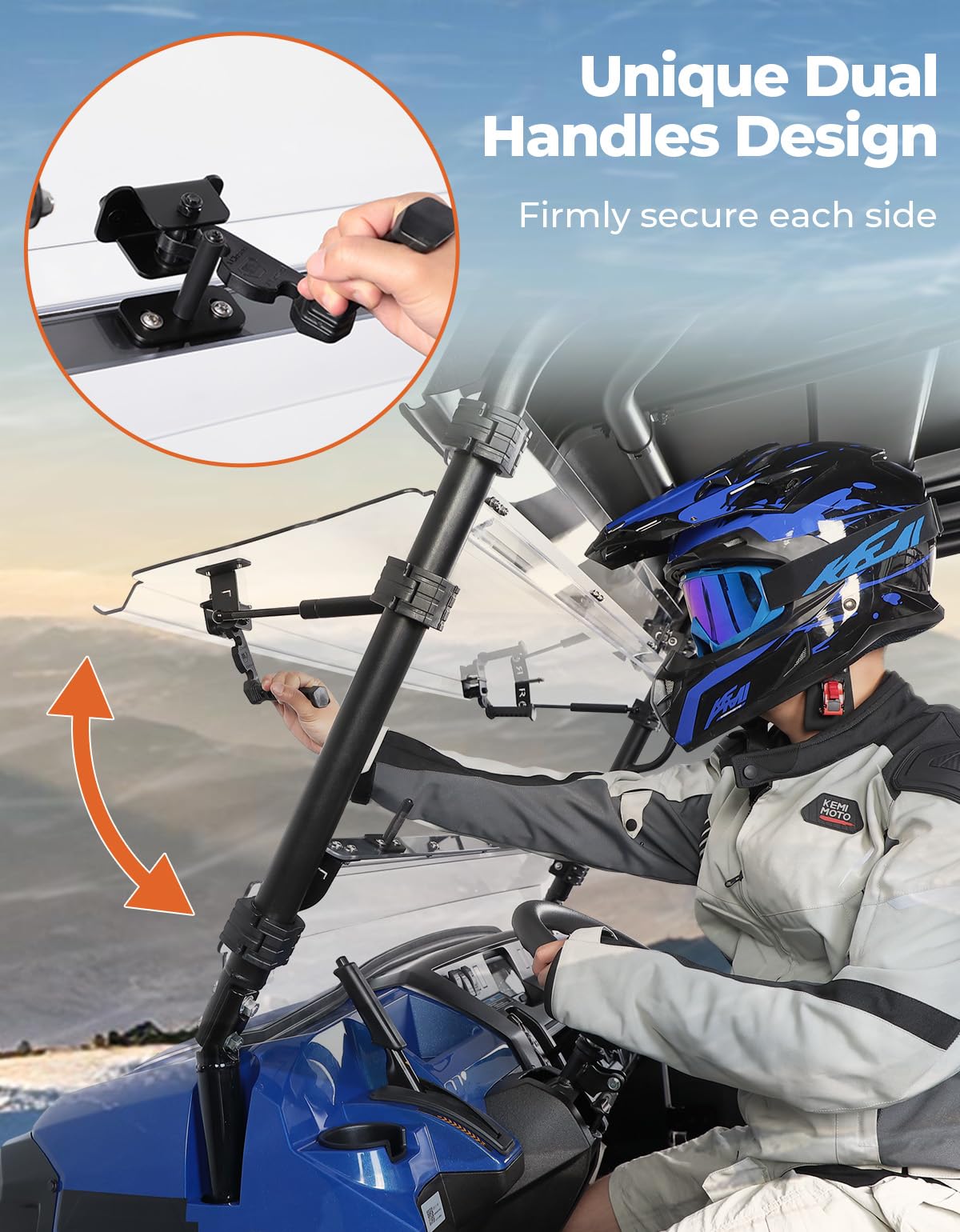 KEMIMOTO dual-handle hinge detail showing quick flip adjustment benefit