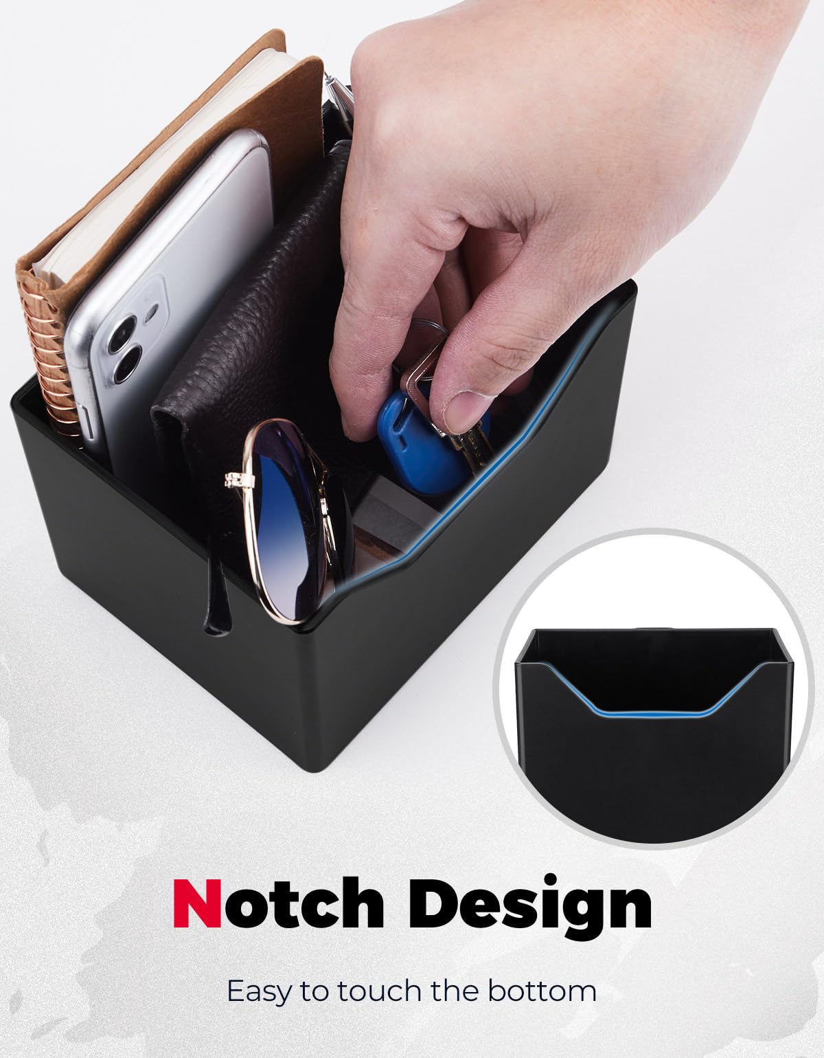 KEMIMOTO holding phone and bottle to organize essentials on the job