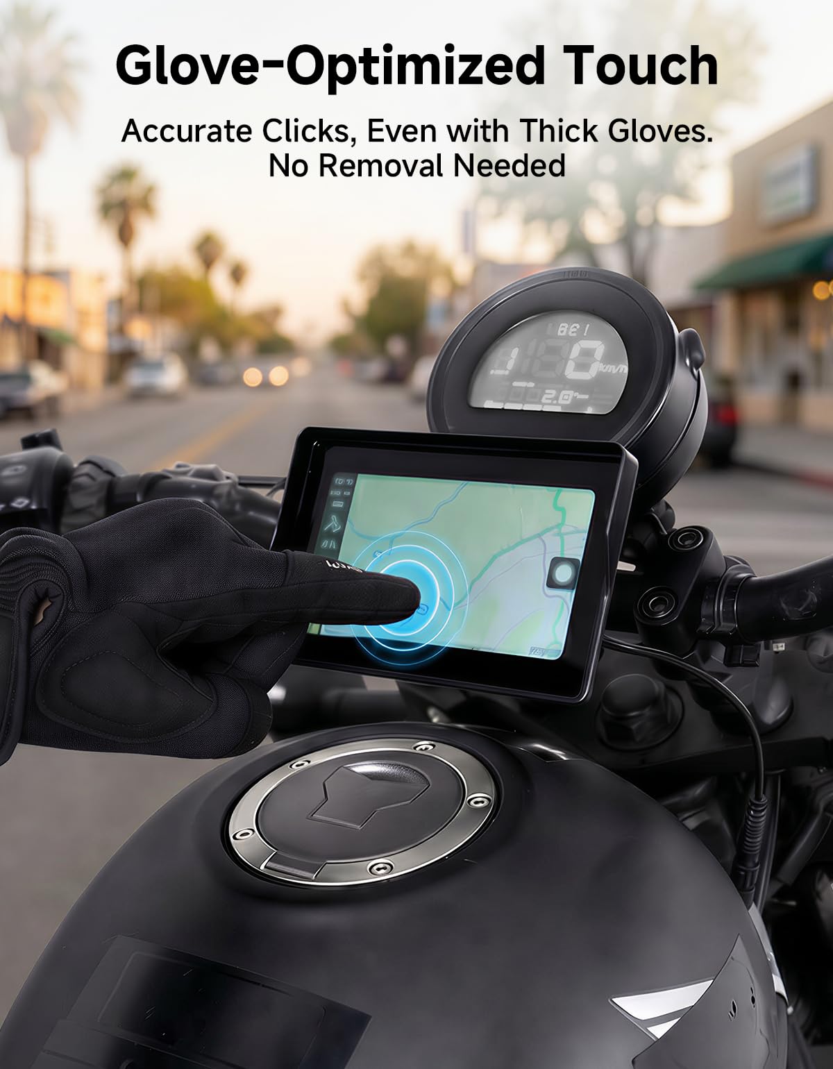 KEMIMOTO display operated by gloved hand highlighting safe on-ride interactions